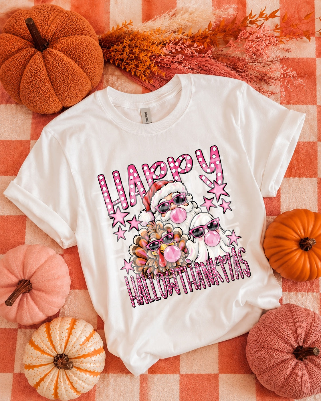 Happy Hallothanksmas turkey Santa ghost blowing bubble (PH) DTF Transfer