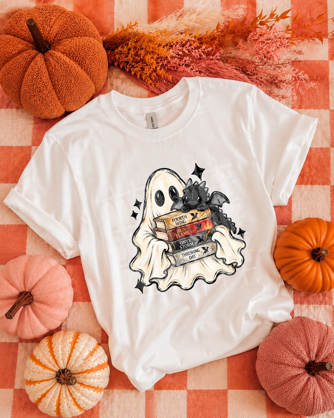 Ghost holding book stack with dragon (PH) DTF Transfer