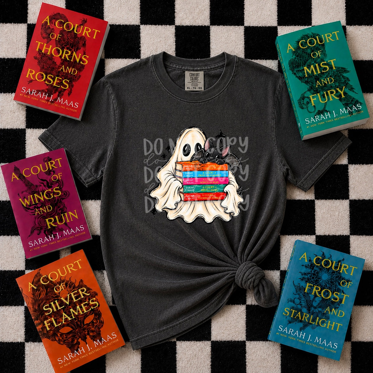Ghost holding book stack with bat (PH) DTF Transfer