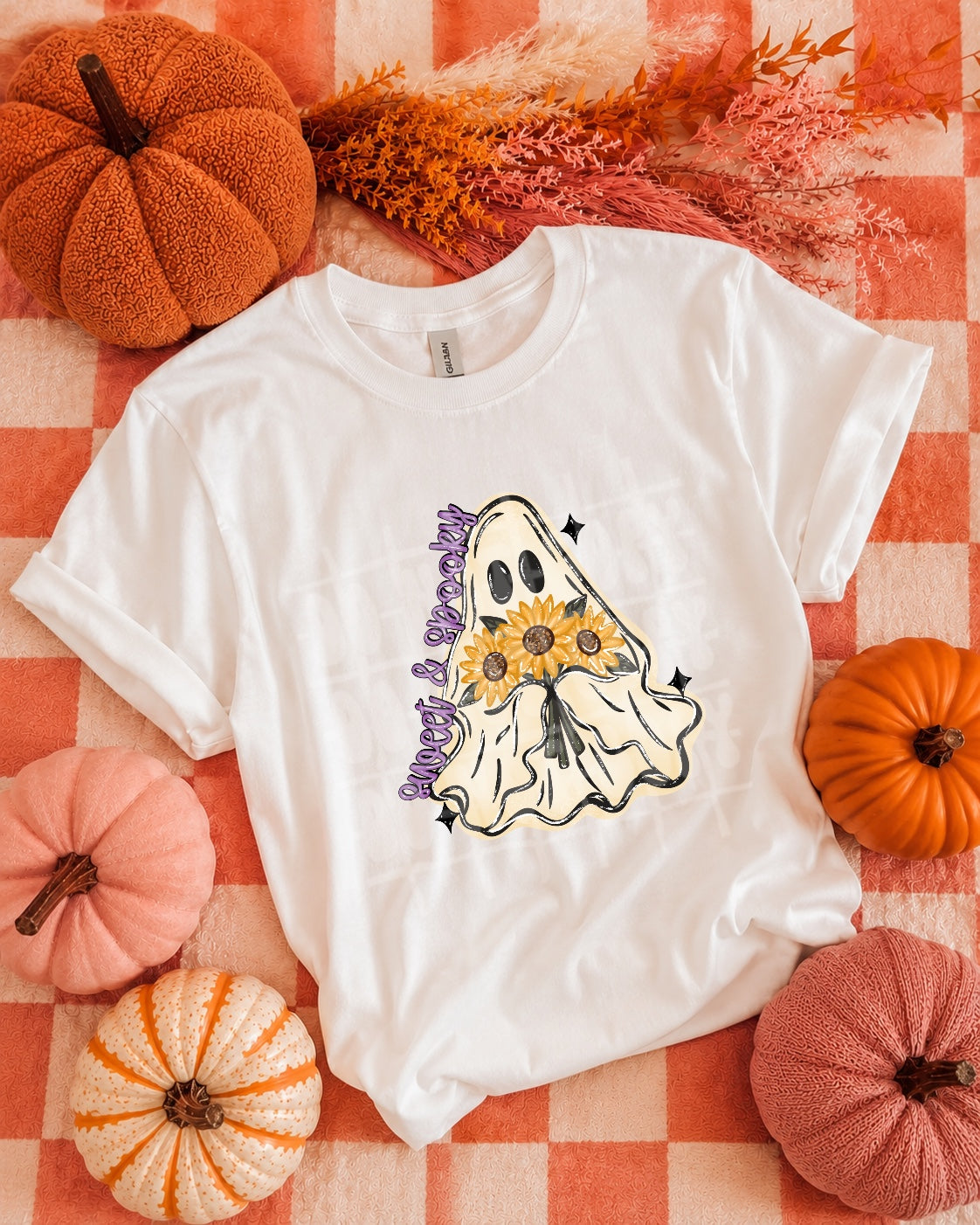 Sweet and Spooky Ghost holding sunflowers -Purple font (PH) DTF Transfer