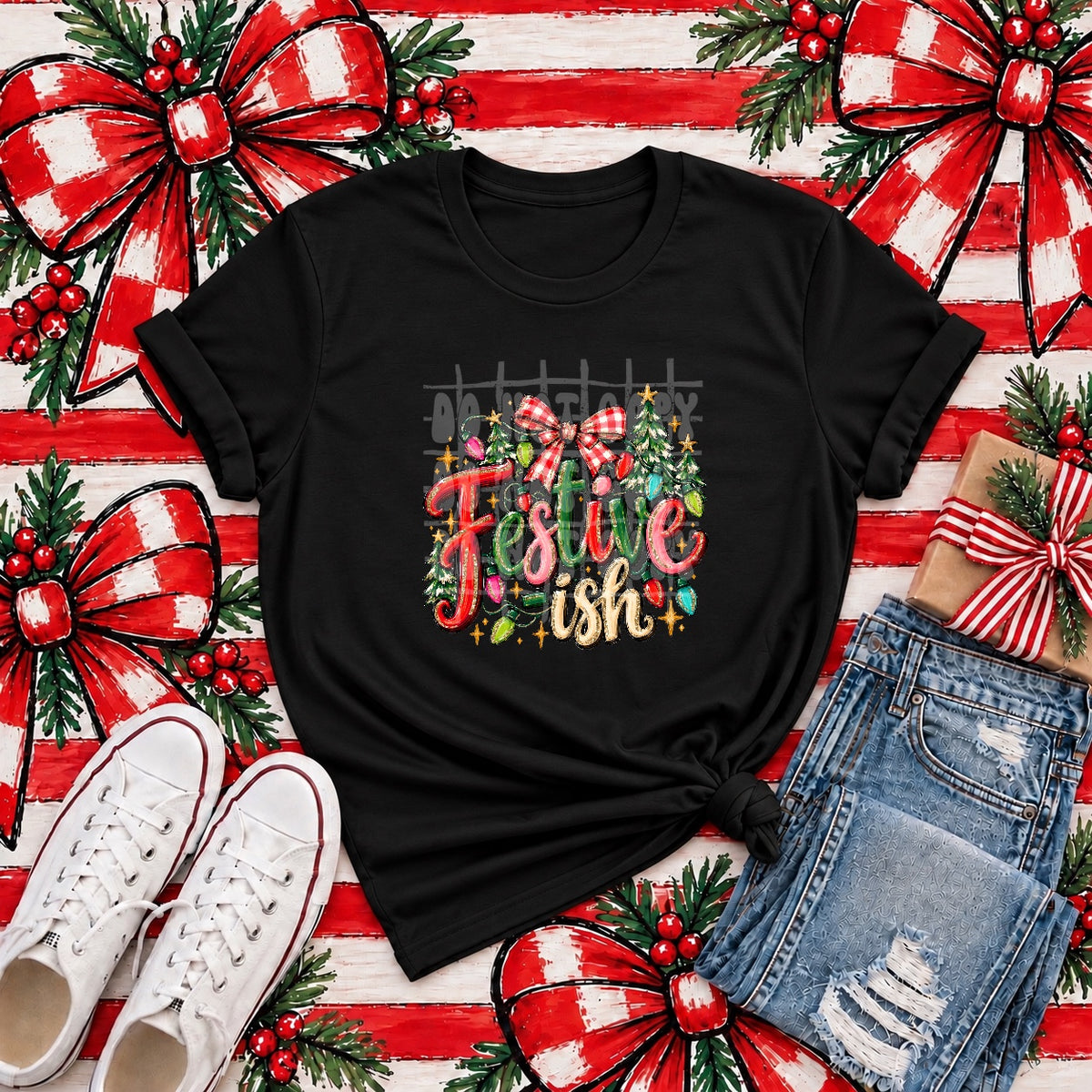 Festive ish faux glitter outline red and white plaid bow (PH) DTF Transfer