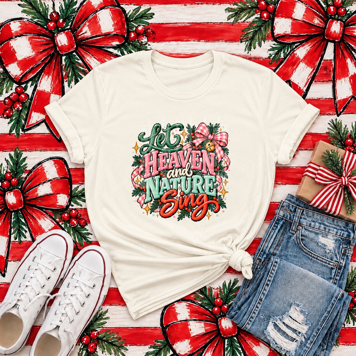 Let Heaven and nature sing pink and white plaid bow (PH) DTF Transfer