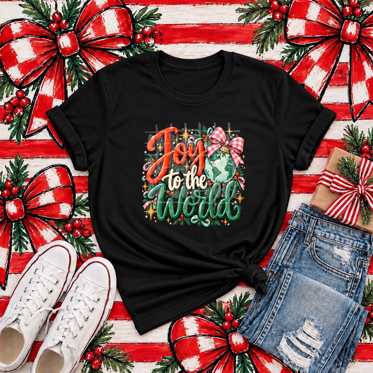 Joy to the world pink and white plaid bow (PH) DTF Transfer