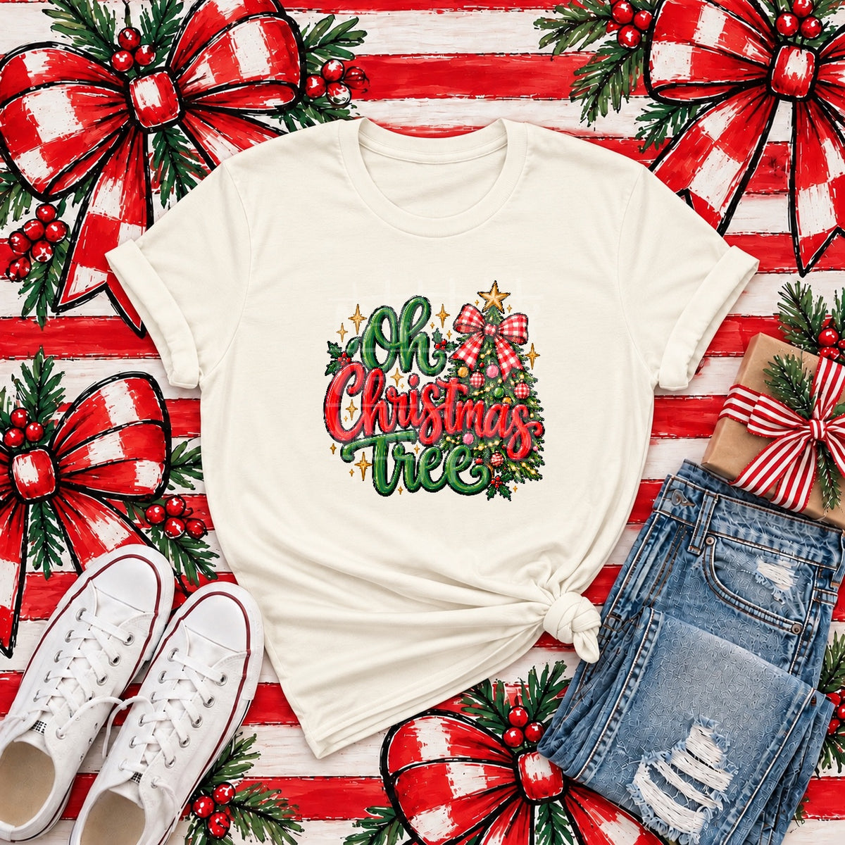 Oh Christmas tree pink and white plaid bow (PH) DTF Transfer