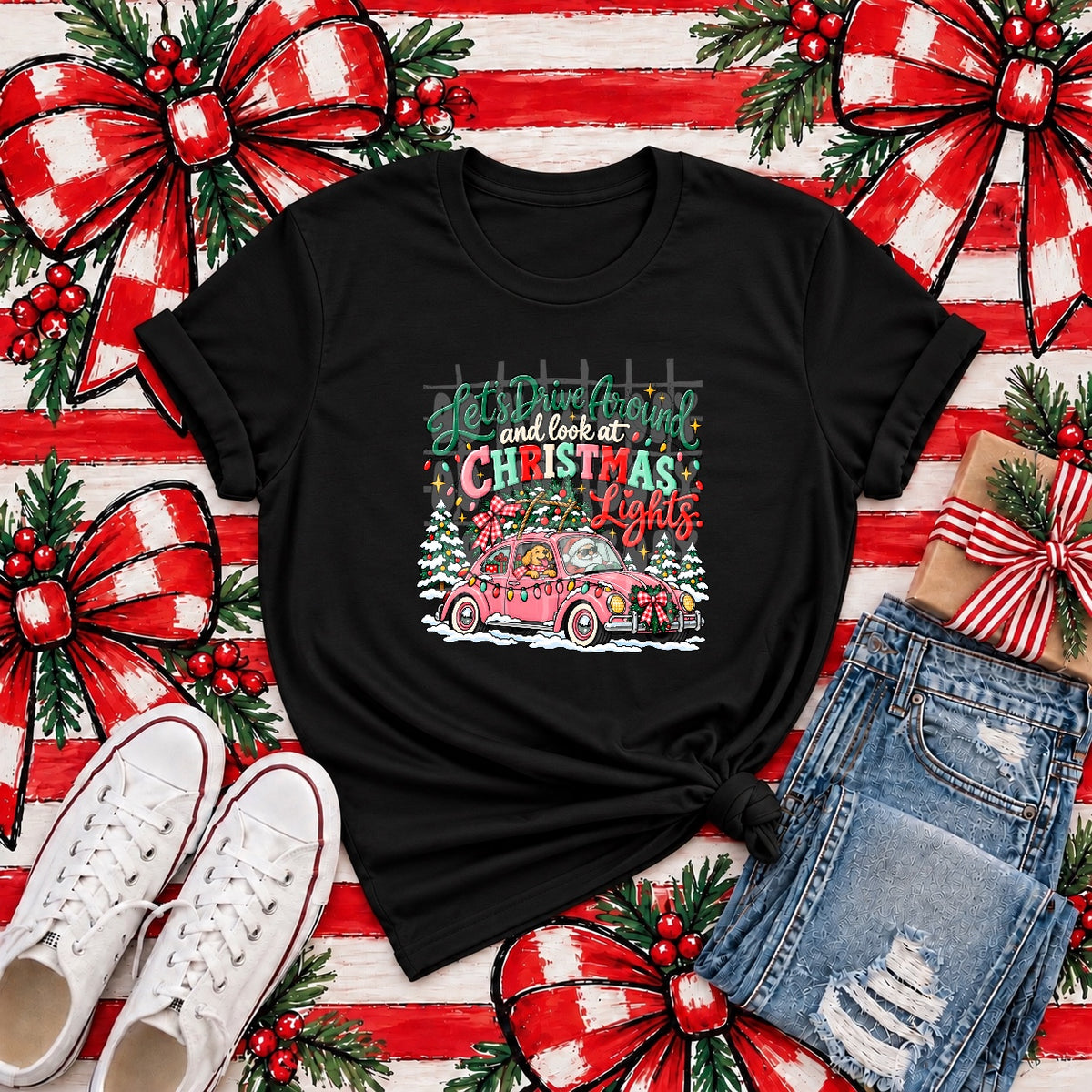 Let's drive around and look at Christmas lights pink car (PH) DTF Transfer