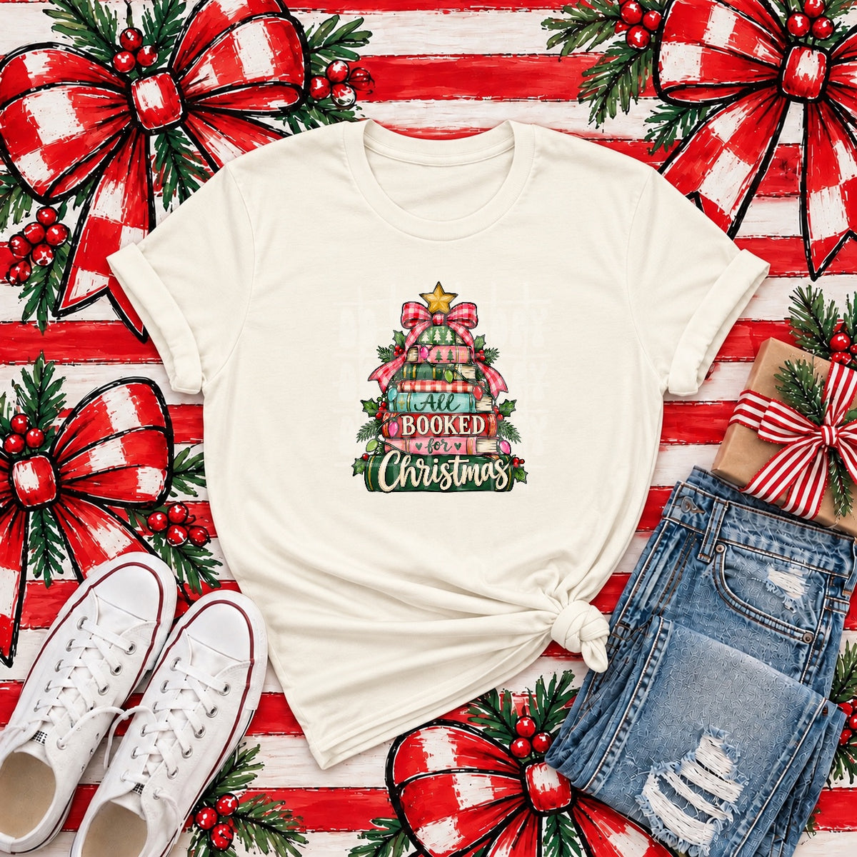 All booked for Christmas book stack with pink and white plaid bow (PH) DTF Transfer