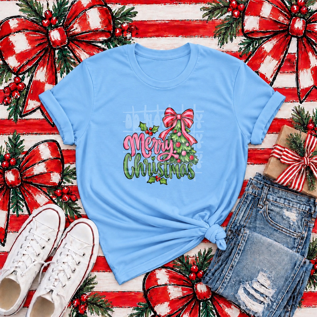 Merry Christmas pink and red striped bow (PH) DTF Transfer