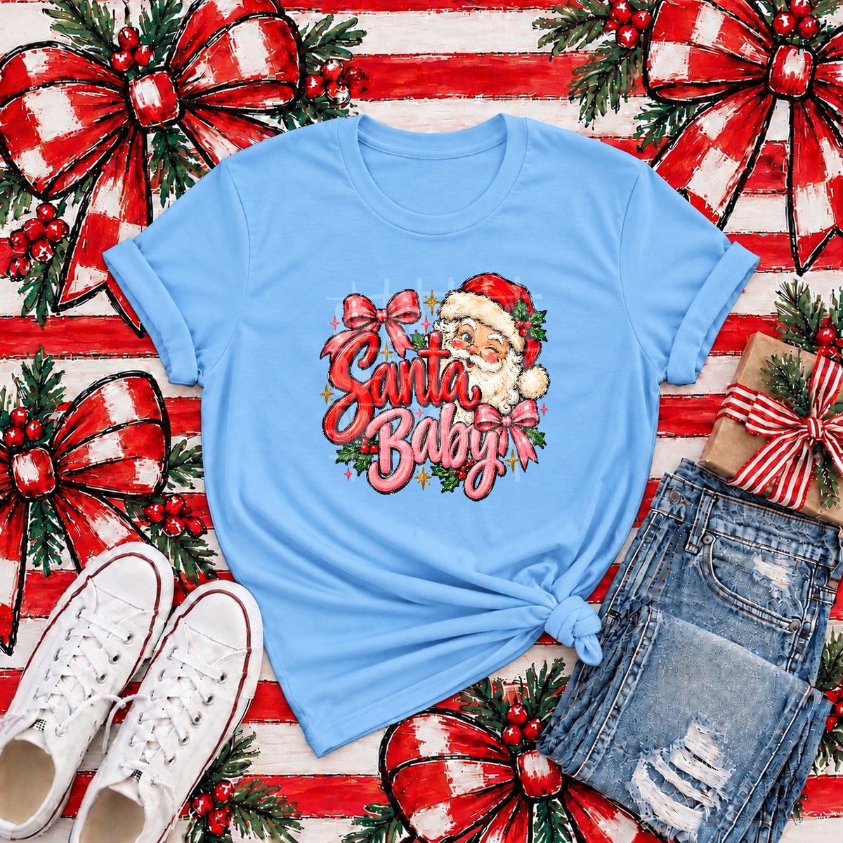 Santa baby red and pink bow winking Santa (PH) DTF Transfer
