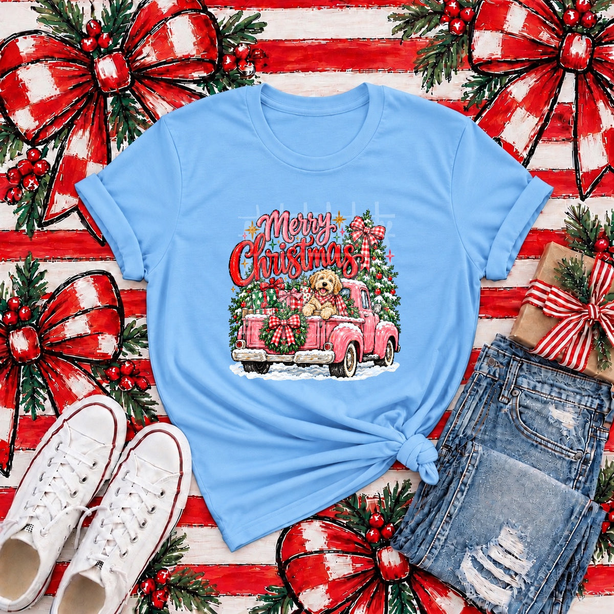 Merry Christmas pink truck dog in back (PH) DTF Transfer