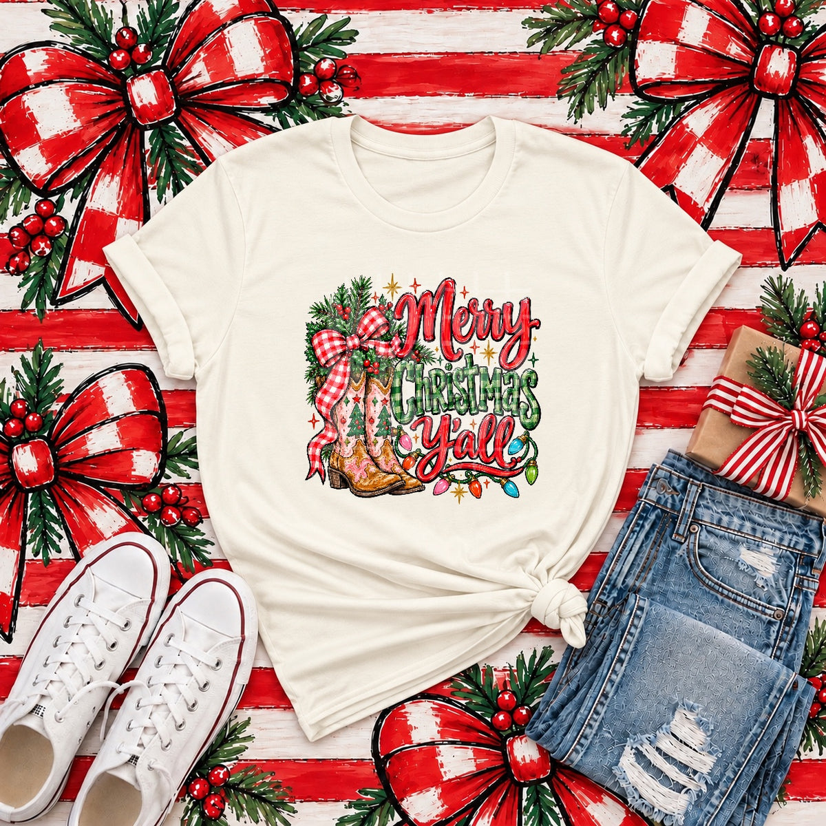 Merry Christmas y'all cowboy boots with red and white plaid bow (PH) DTF Transfer
