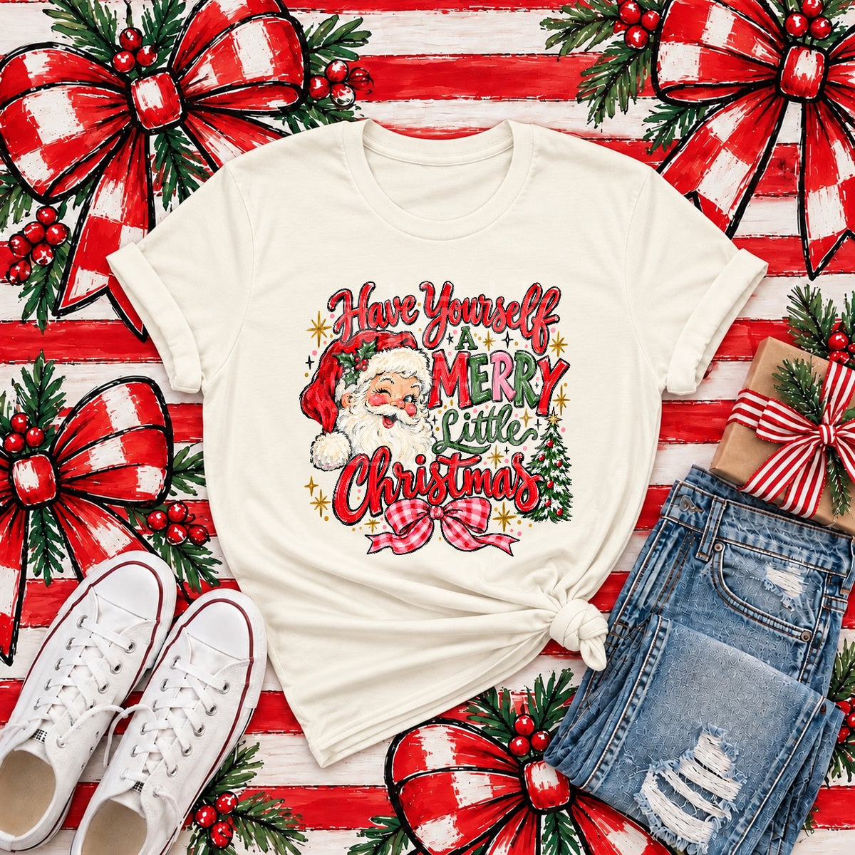 Have yourself a merry little Christmas winking Santa red and pink plaid bow (PH) DTF Transfer