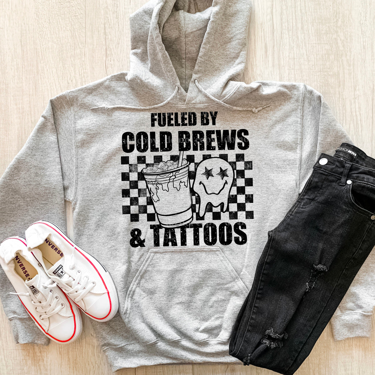 Fueled by cold brews and tattoos (BLACK with coffee, smiley, checkered print) 11187 DTF TRANSFER