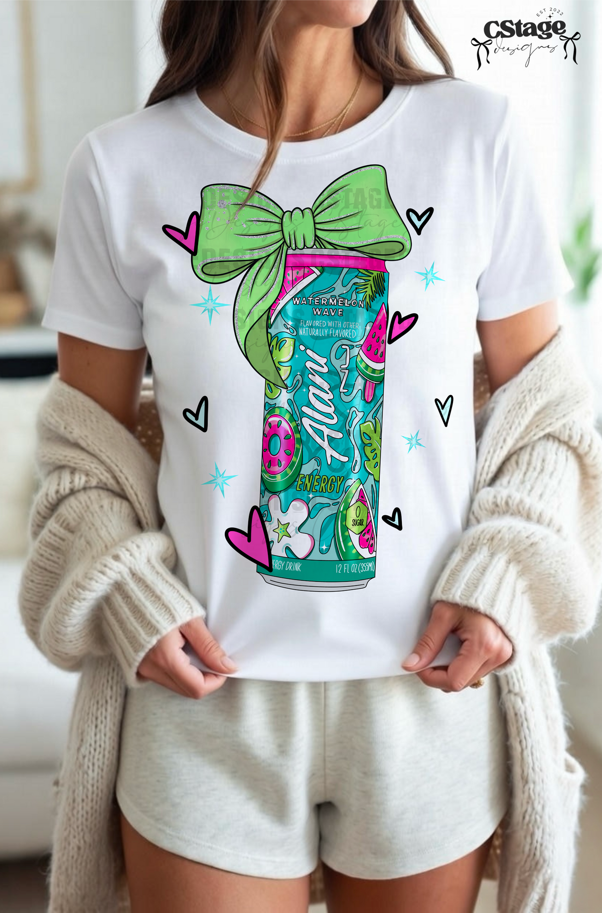 Watermelon energy with hearts and green bow (CSTAGE) DTF Transfer