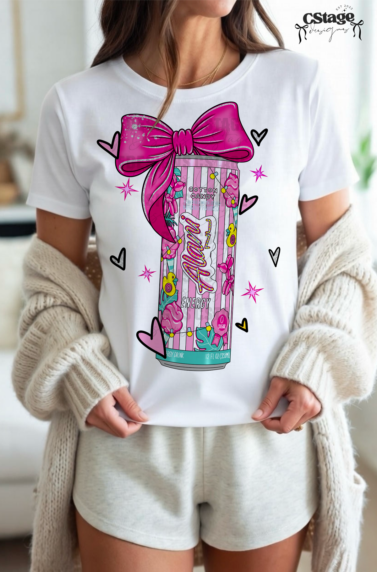 Cotton candy energy with hearts and pink bow (CSTAGE) DTF Transfer