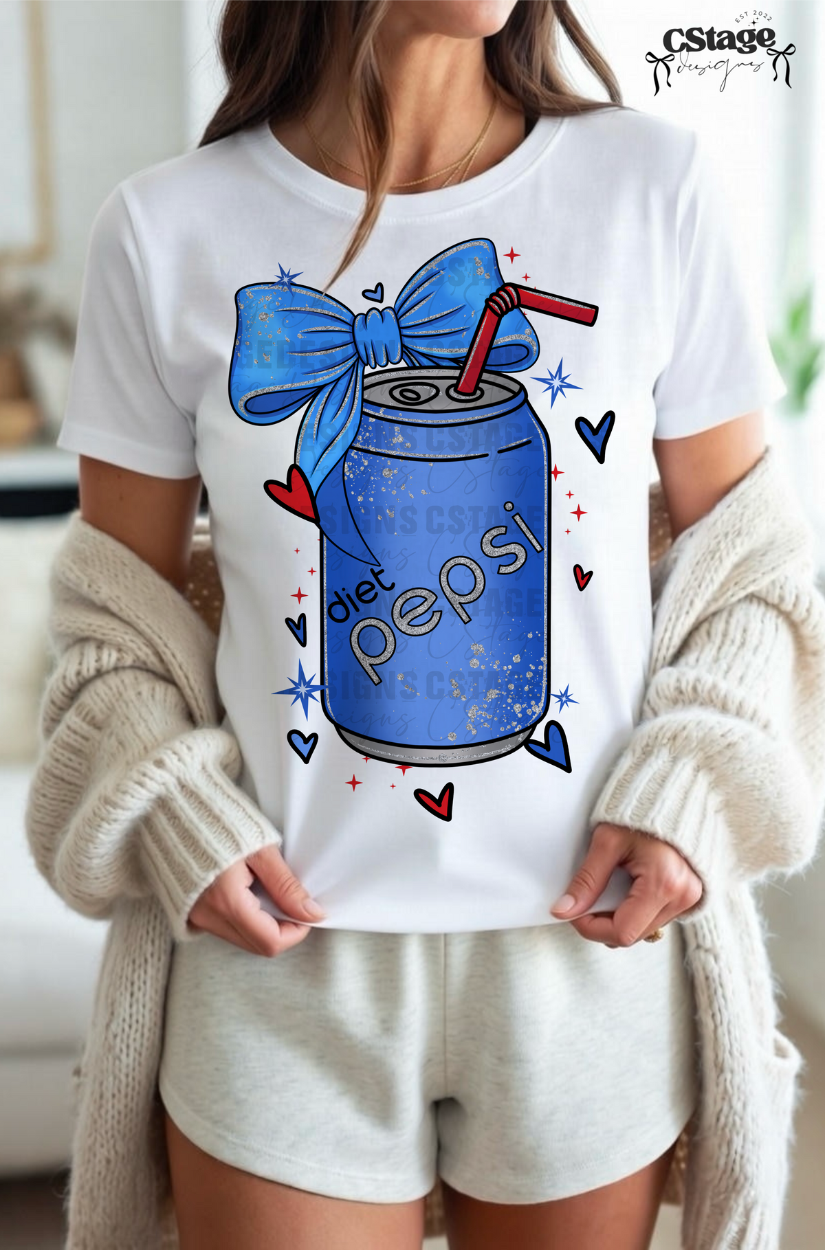 diet Blue soda with hearts and blue bow (CSTAGE) DTF Transfer