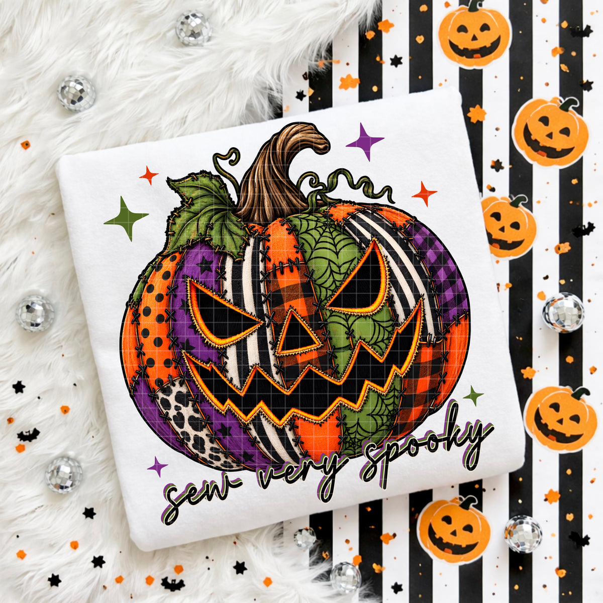Sew very spooky patchwork pumpkin (DD) DTF Transfer