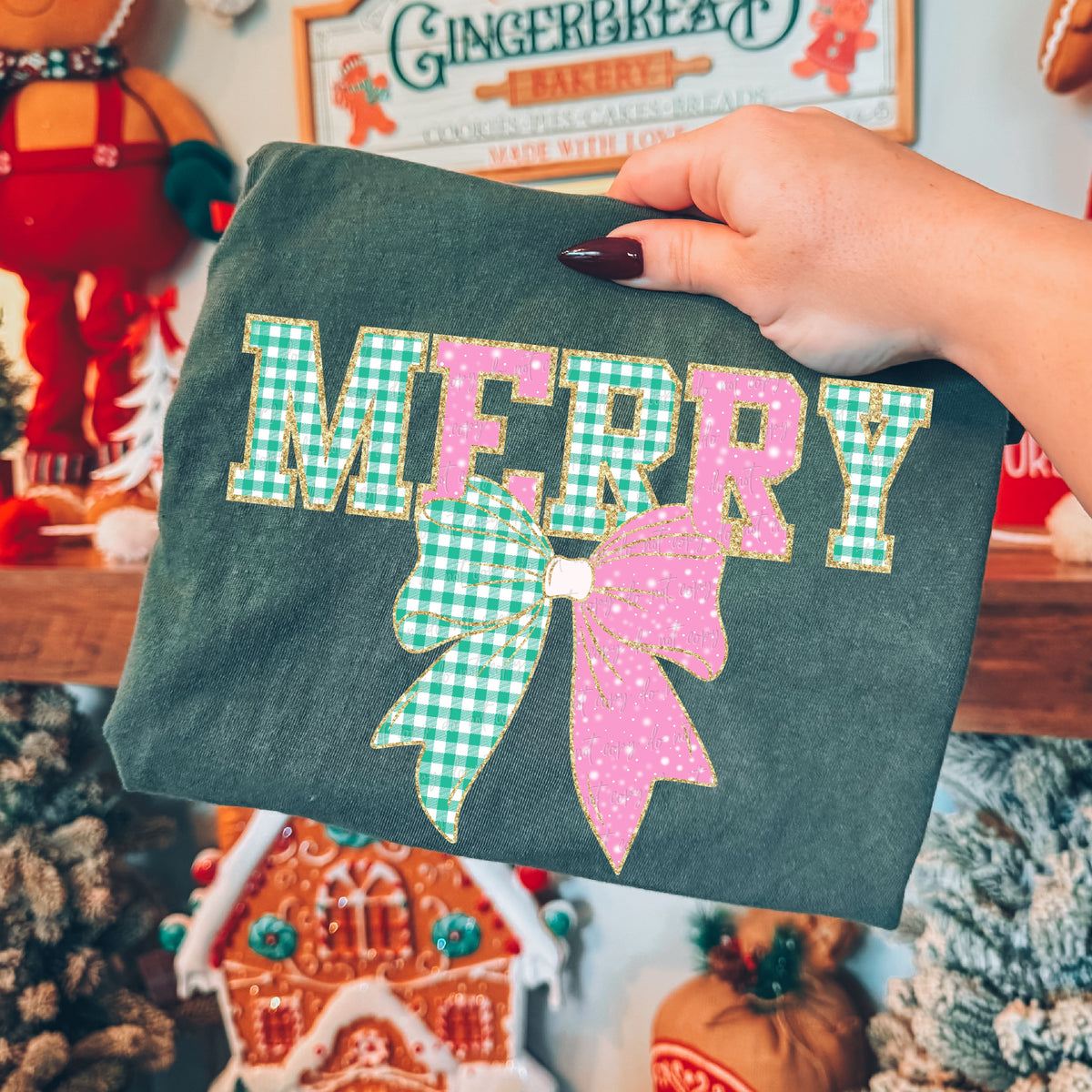 Merry faux glitter outline gingham bow (Virgo) DTF Transfer