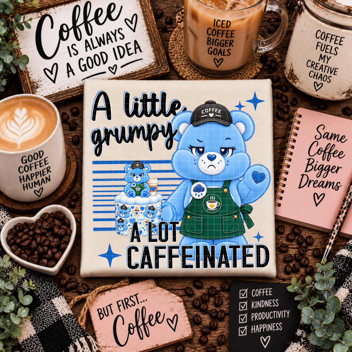 A little grumpy a lot caffeinated blue bear (DD)(DD) DTF Transfer
