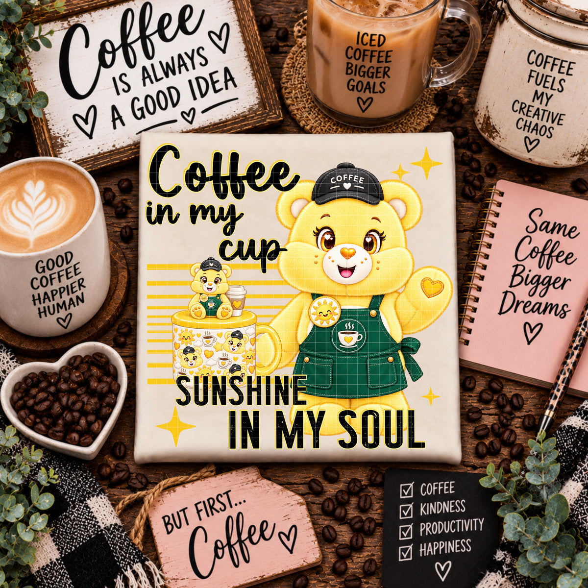 Coffee in my cup sunshine in my soul yellow bear (DD) DTF Transfer