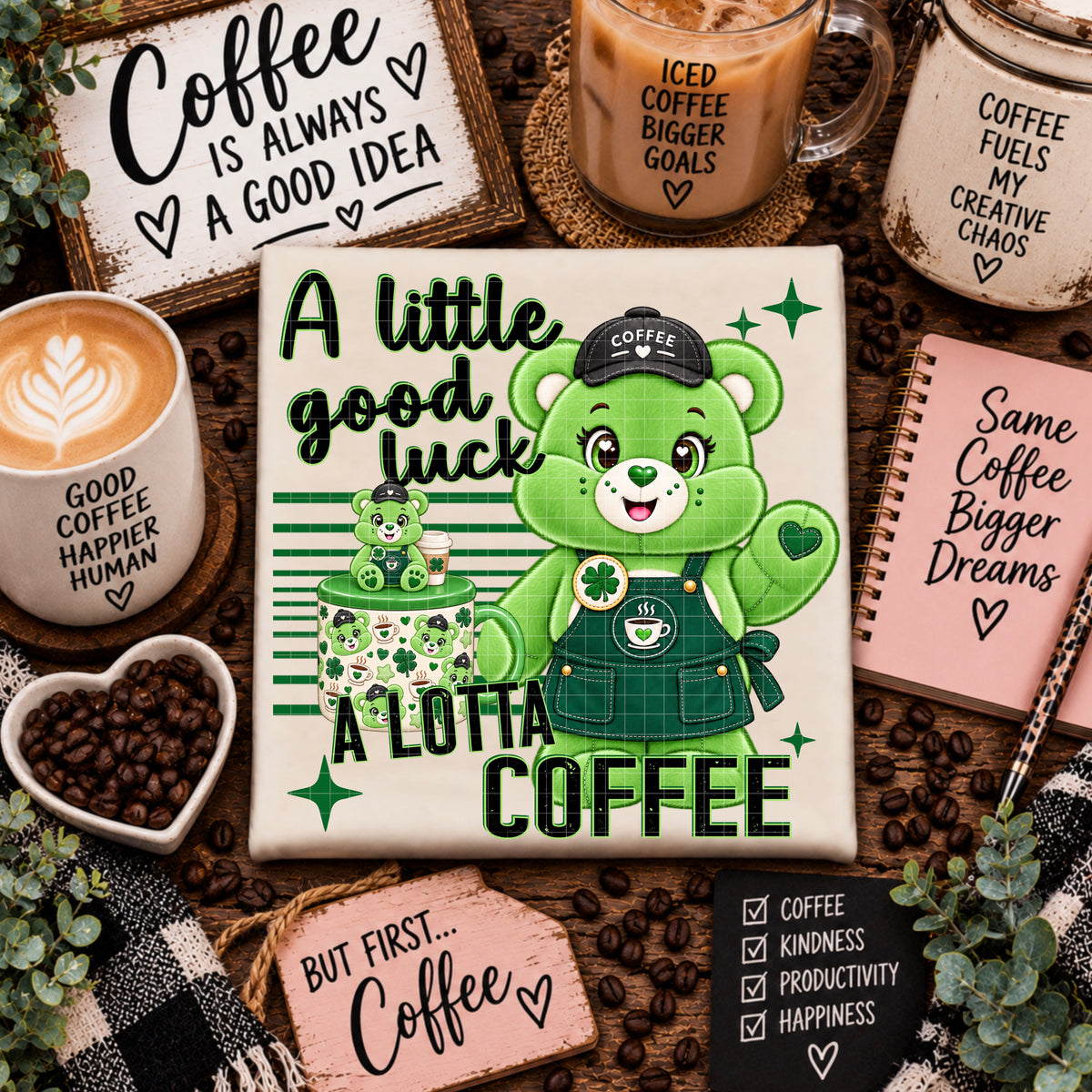 A little good luck a lotta coffee green bear (DD) DTF Transfer