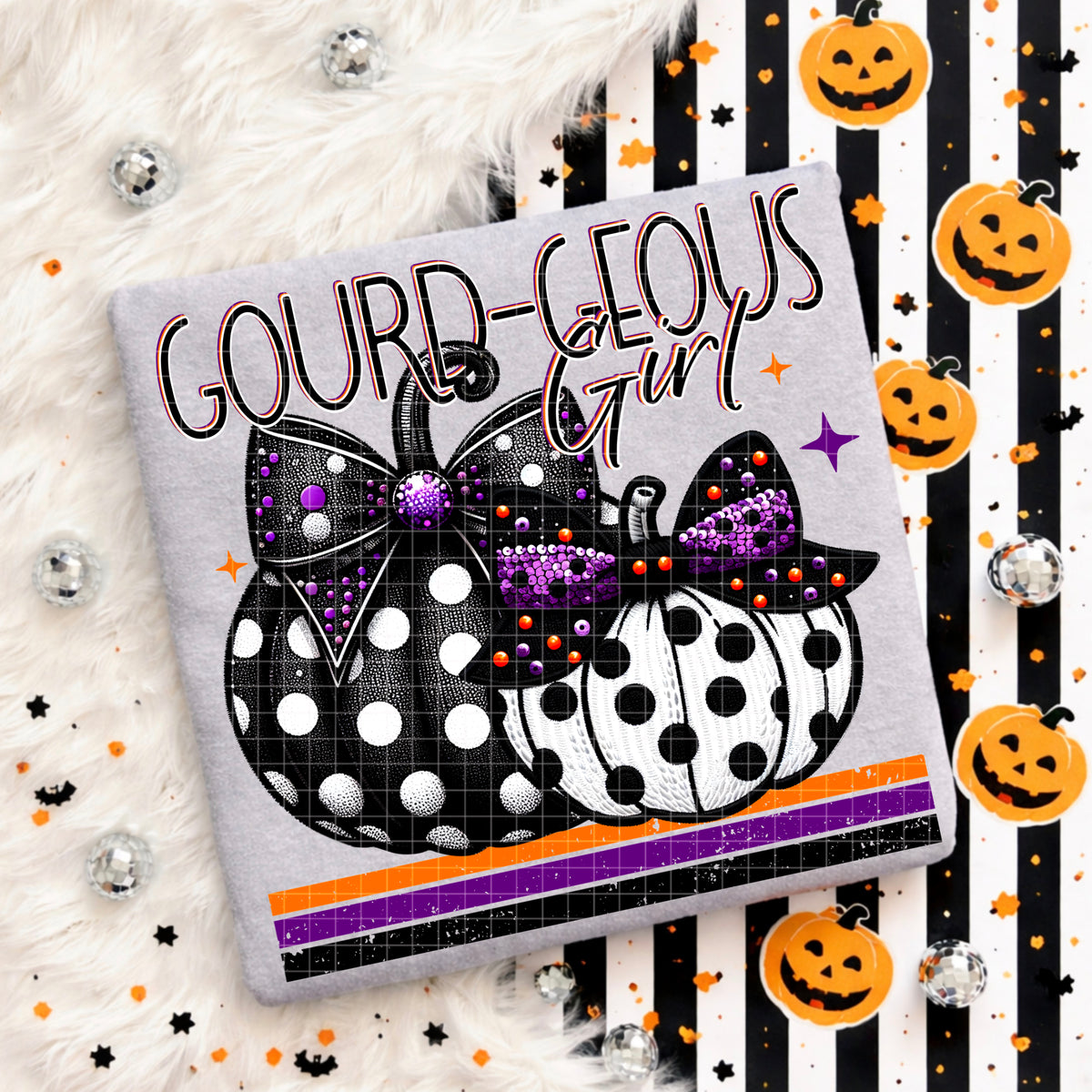 Gourd-geous girl black and white polkadot pumpkins with bows (DD) DTF Transfer