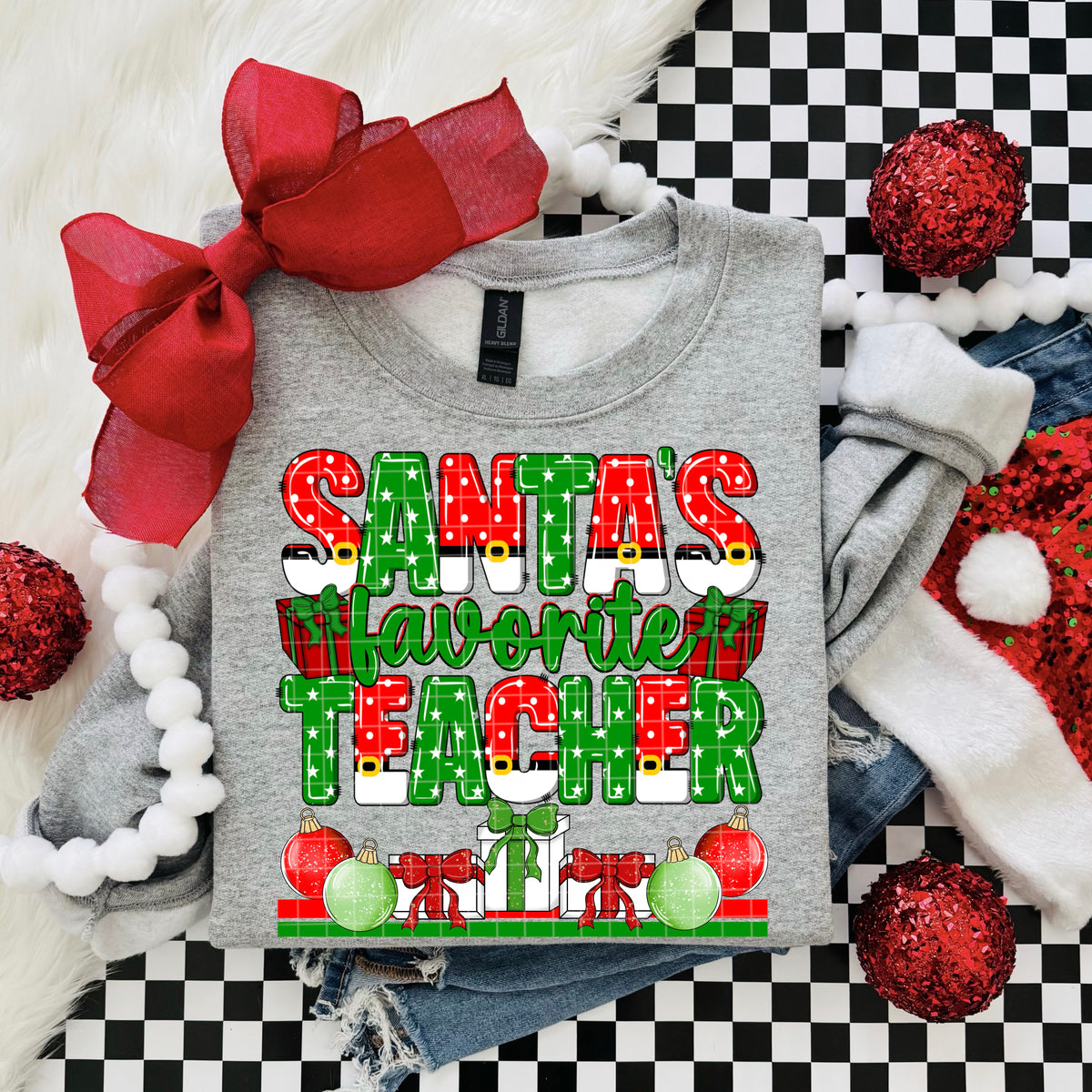 Santa's favorite teacher red and green polkadots and presents (DD) DTF Transfer