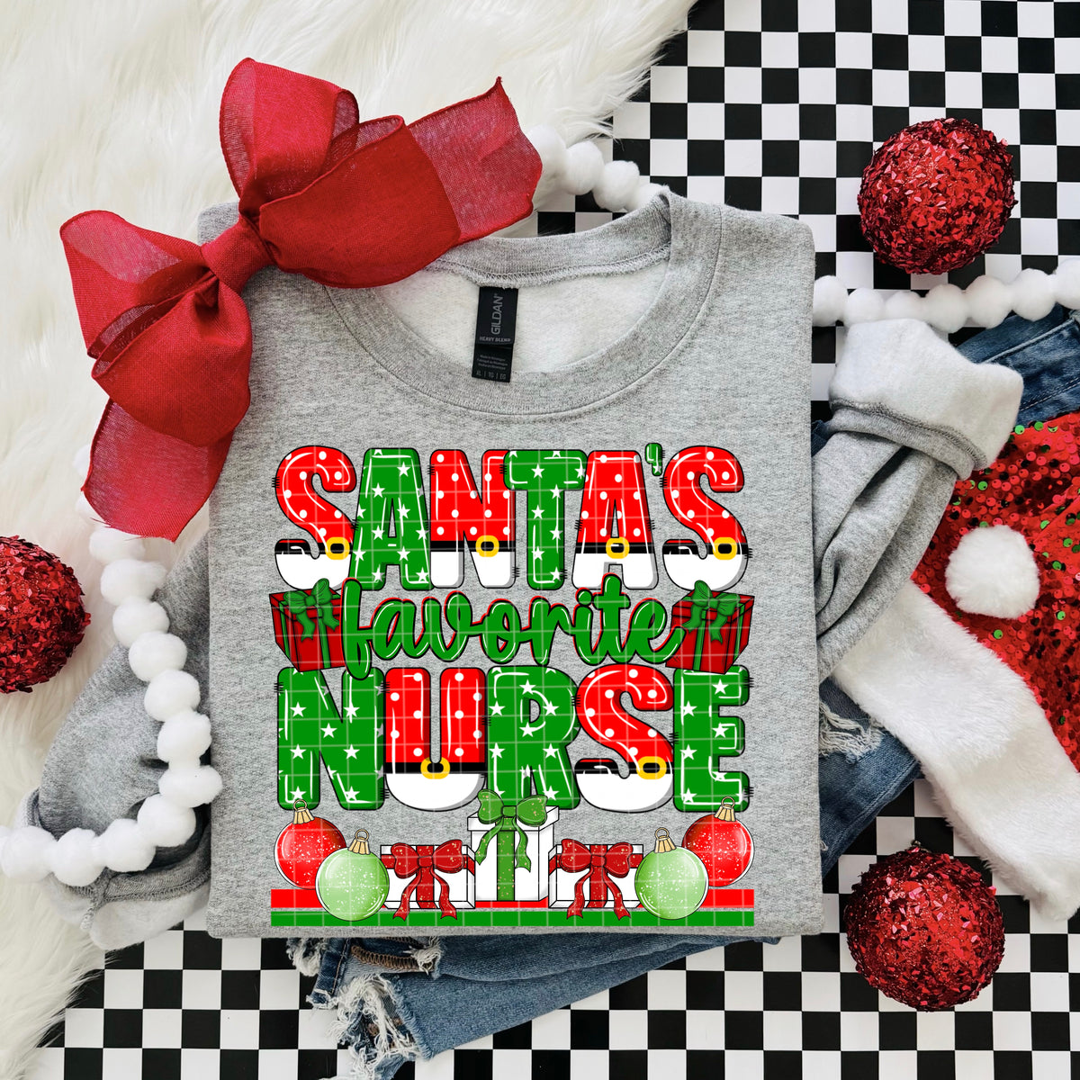 Santa's favorite nurse red and green polkadots and presents (DD) DTF Transfer