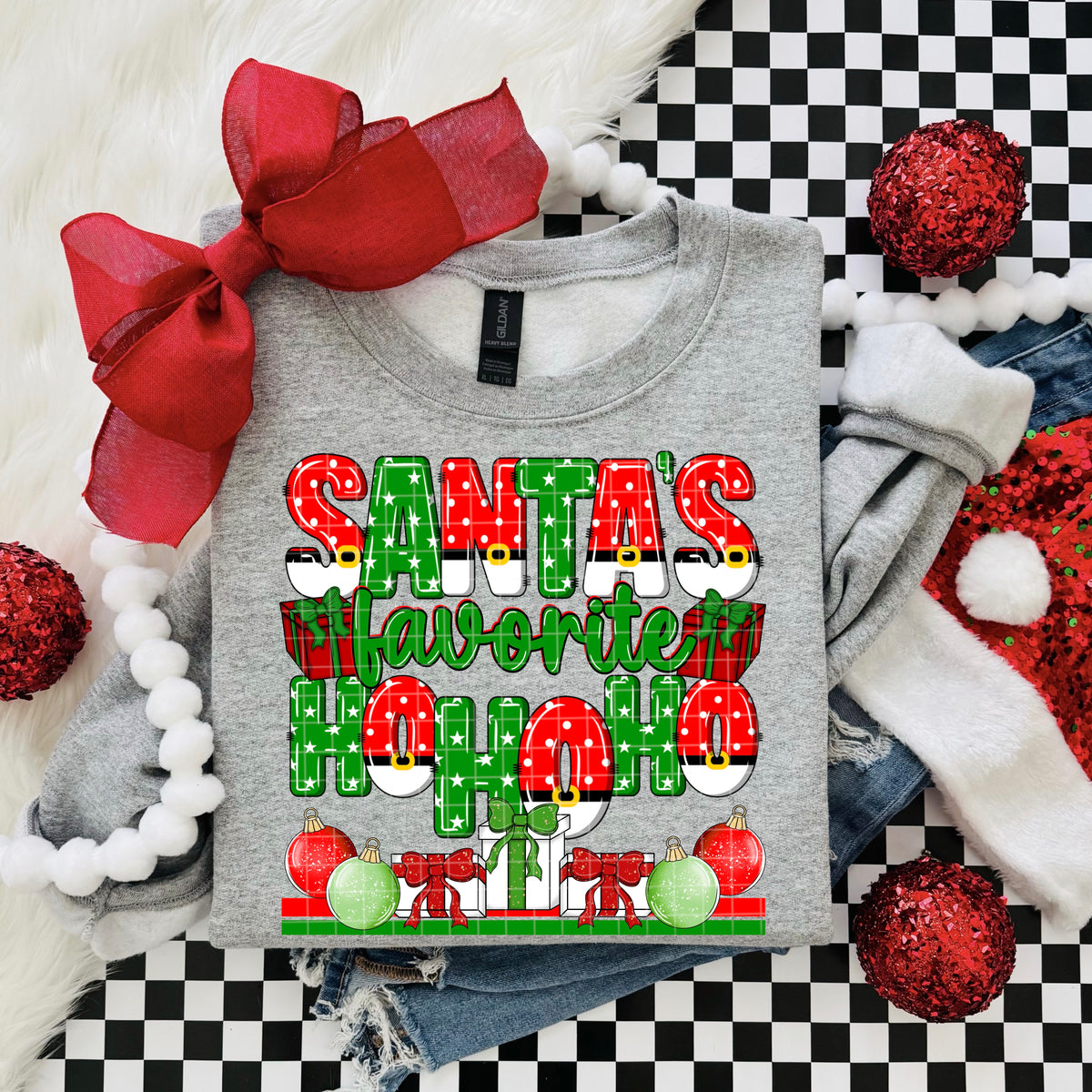 Santa's favorite ho ho ho  red and green polkadots and presents (DD) DTF Transfer