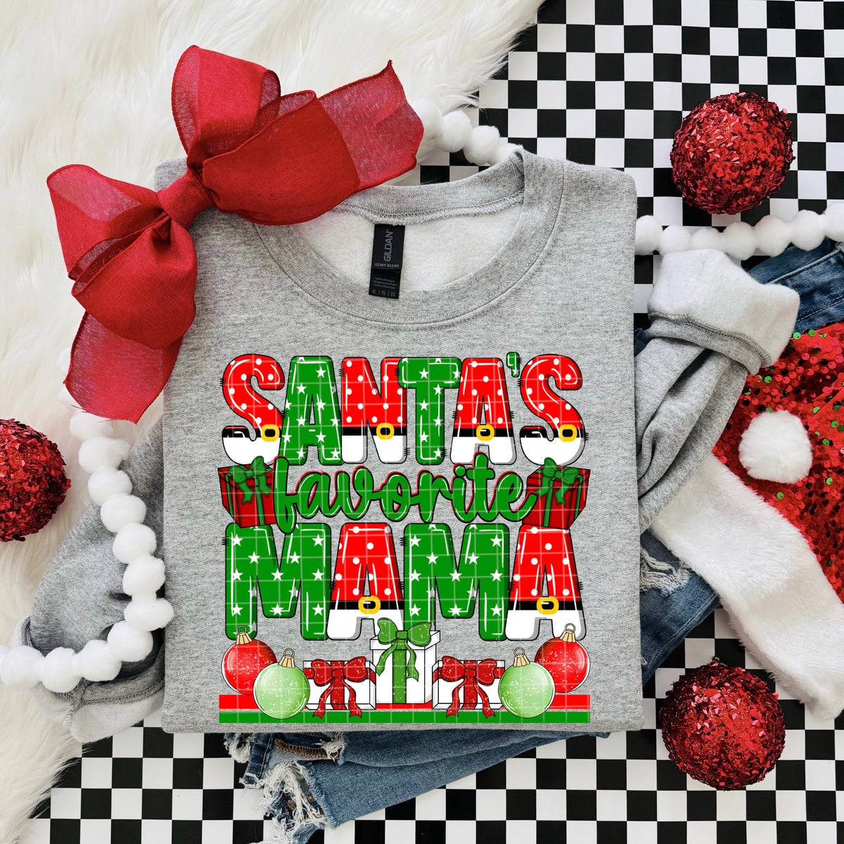 Santa's Favorite MAMA red and green polkadots and presents (DD) DTF Transfer