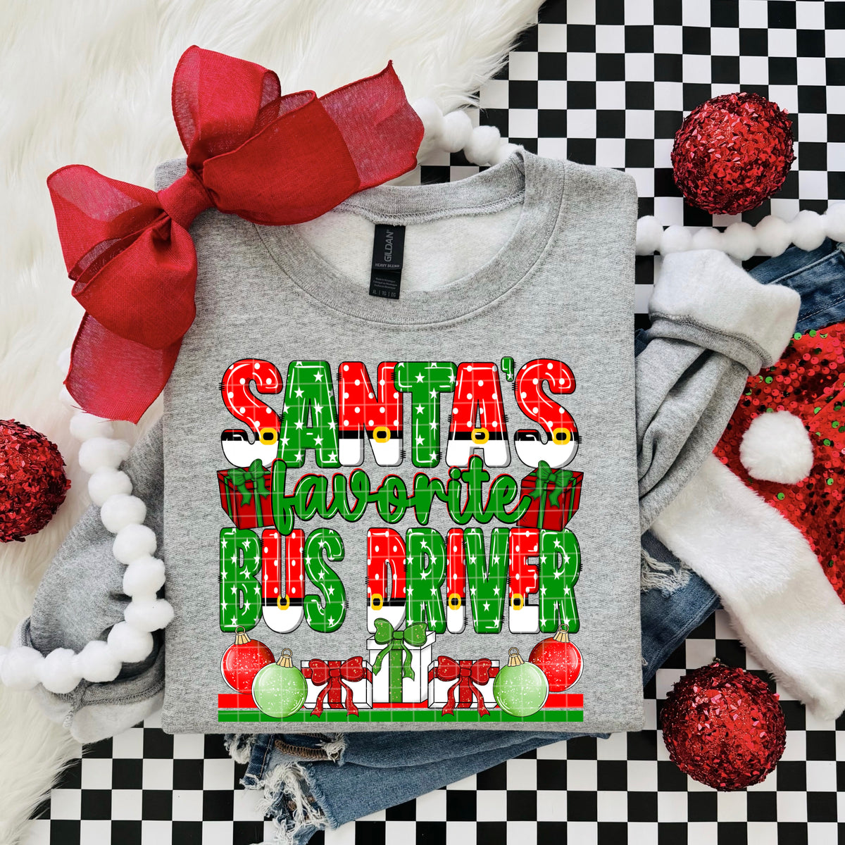 Santa's Favorite Bus Driver red and green polkadots and presents (DD) DTF Transfer