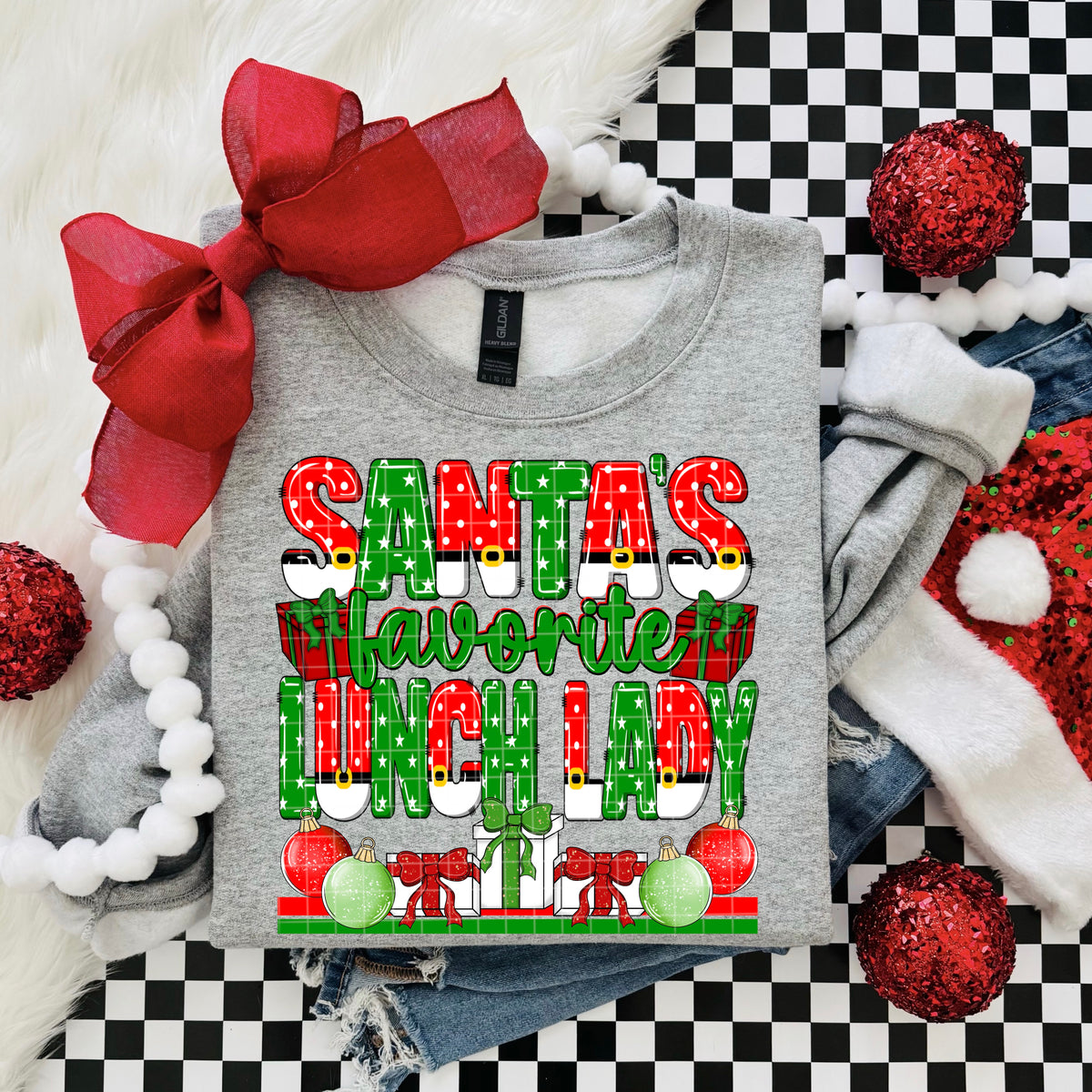Santa's Favorite Lunch Lady red and green polkadots and presents (DD) DTF Transfer