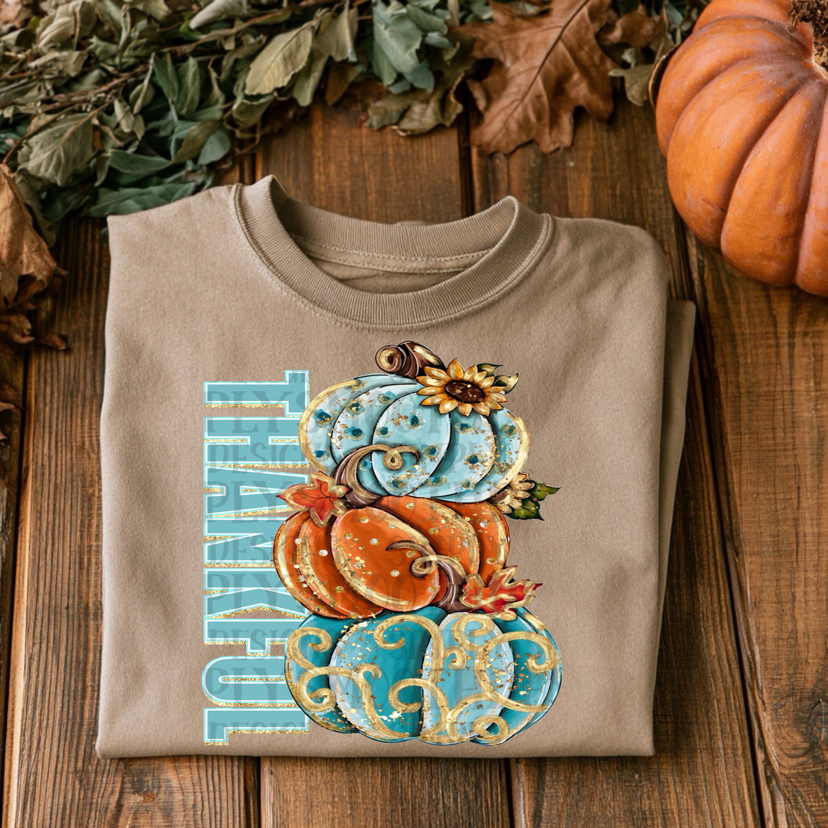 Thankful blue and orange pumpkin trio stacked faux gold (SSD) DTF Transfer