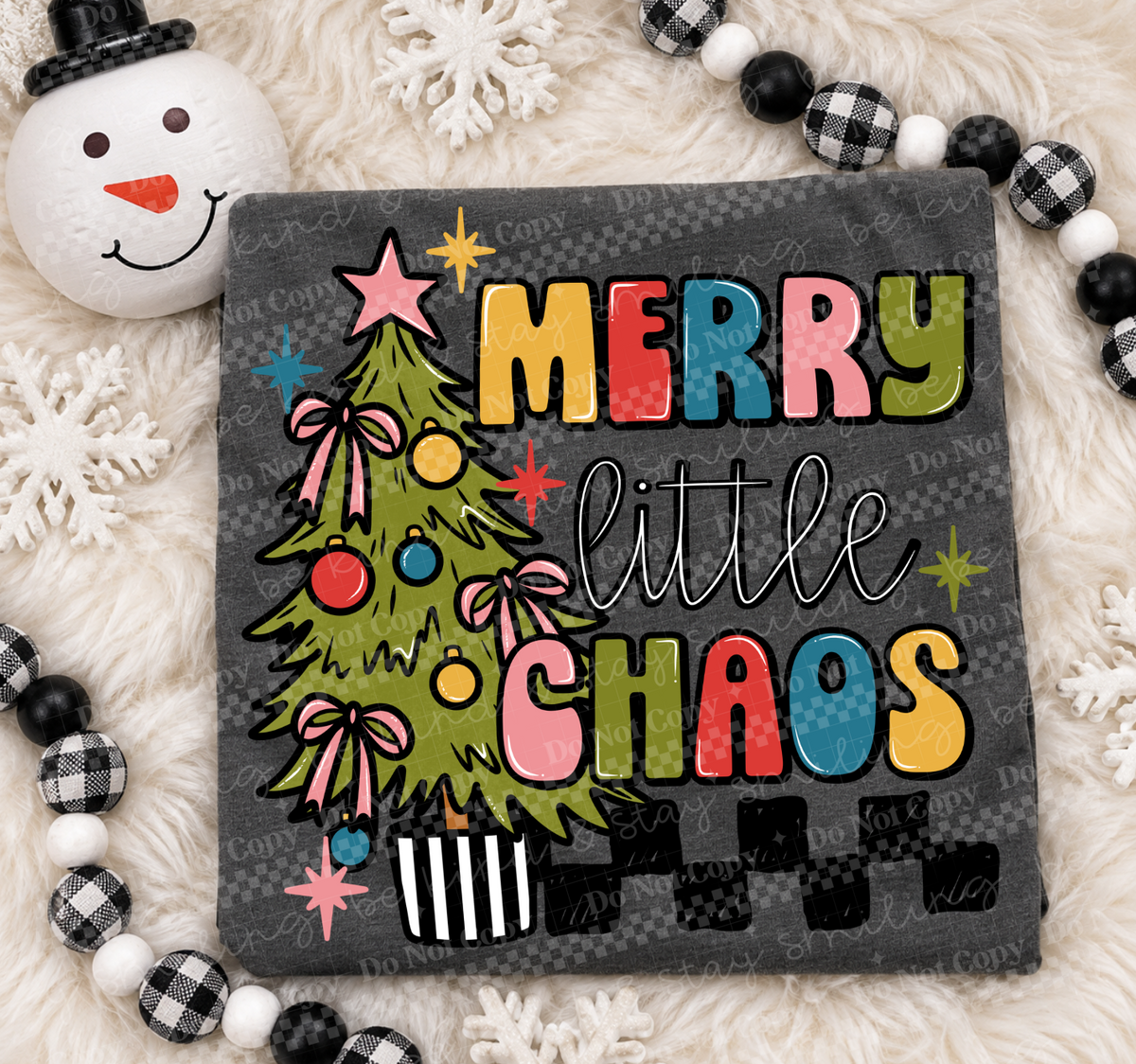 Merry little chaos Christmas tree pink bows and stars (CMLD) DTF Transfer