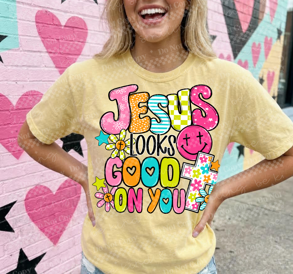 Jesus looks good on you pink happy face (CMLD) DTF Transfer