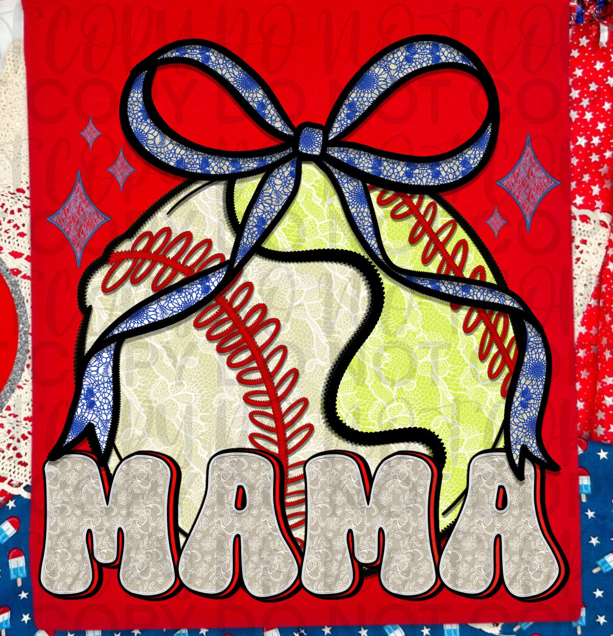 Lace Mama Softball/Baseball Blue Bow (Starlight) DTF transfer