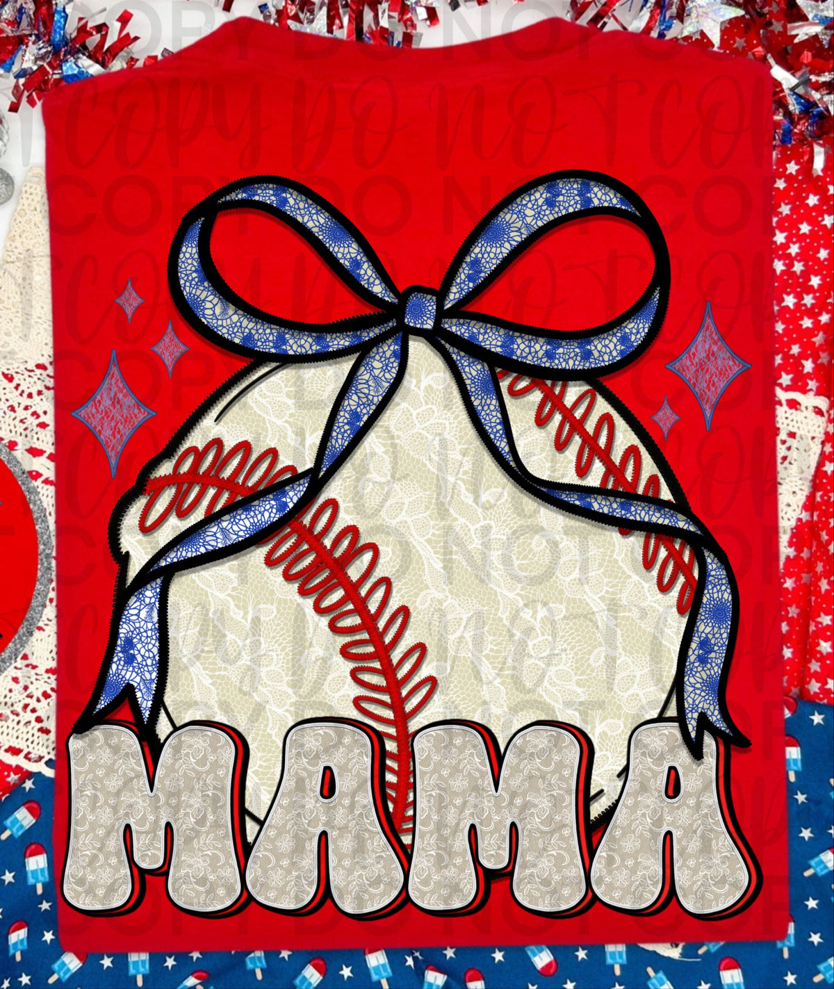 Lace Baseball Mama Blue Bow FRONT (Starlight) DTF transfer