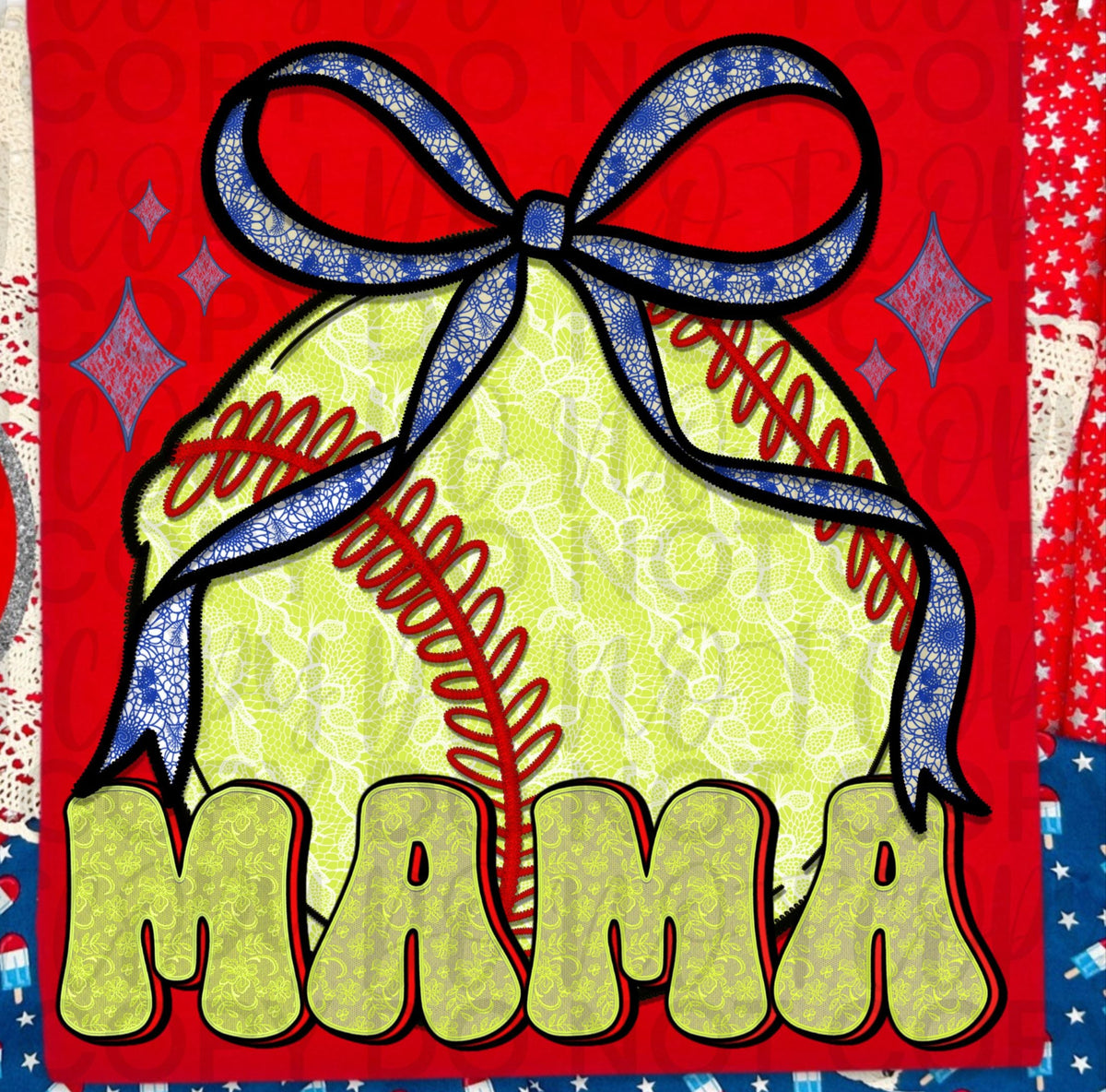 Lace Mama Softball Blue Bow (Starlight) DTF transfer
