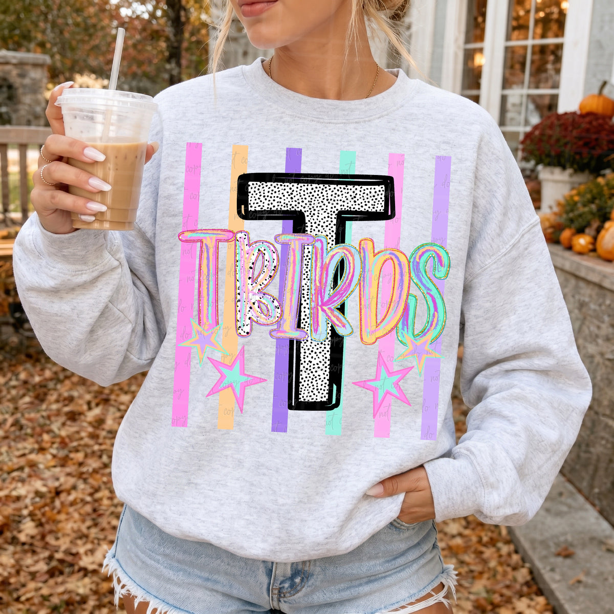 tbirds rainbow brushstrokes big dalmatian letter stripes and stars (virgo) DTF transfer