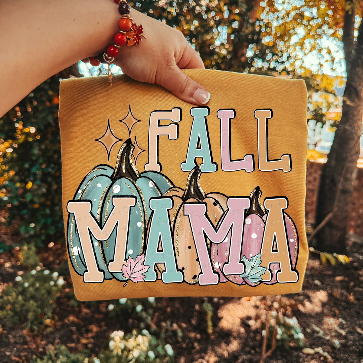 fall mama pink blue yellow letters 3 pumpkins with polkadots (virgo) DTF transfer