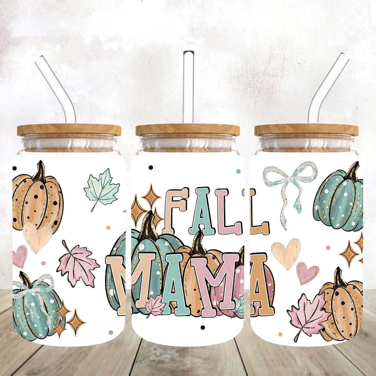 fall mama pink blue yellow letters 3 pumpkins with polkadots (virgo) UV DTF wrap