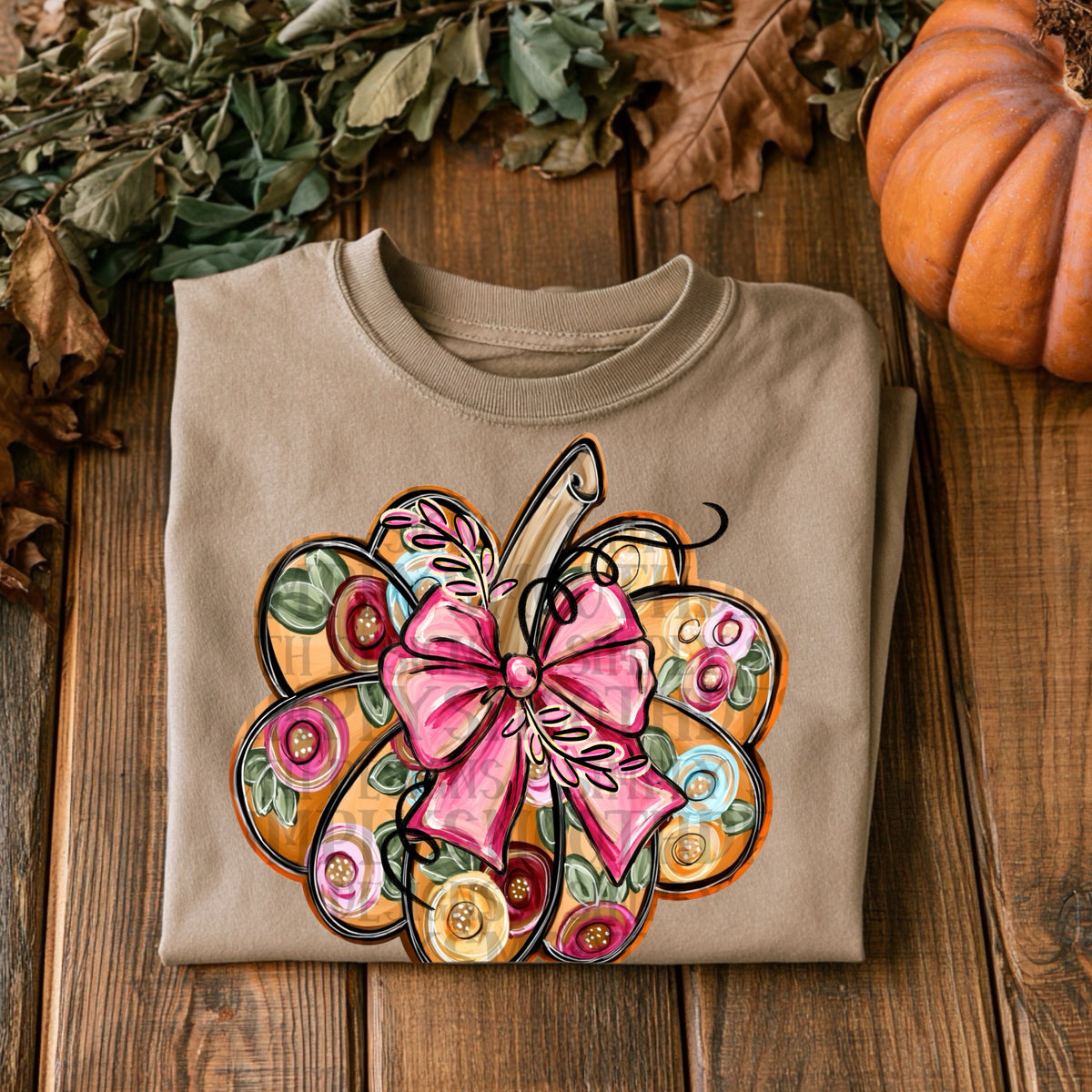 Flower Pattern Pumpkin with Pink Bow (SDD) DTF Transfer