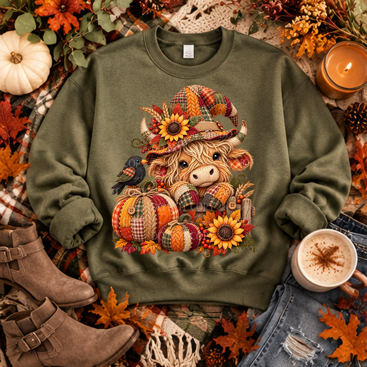 Cow embroidery with black bird and sunflowers (ABD) DTF Transfer