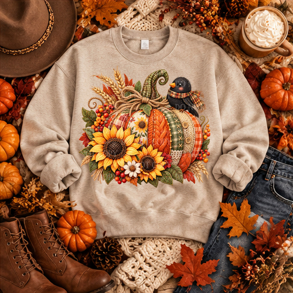 Pumpkin embroidery black bird and sunflowers (ABD) DTF Transfer