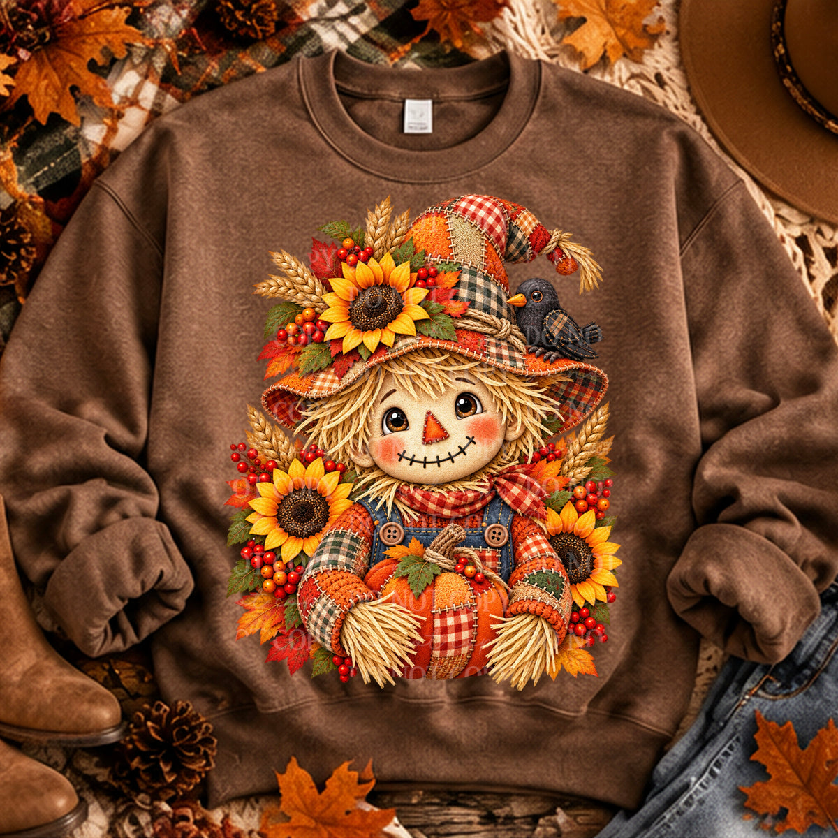 Scarecrow embroidery black bird and sunflowers (ABD) DTF Transfer
