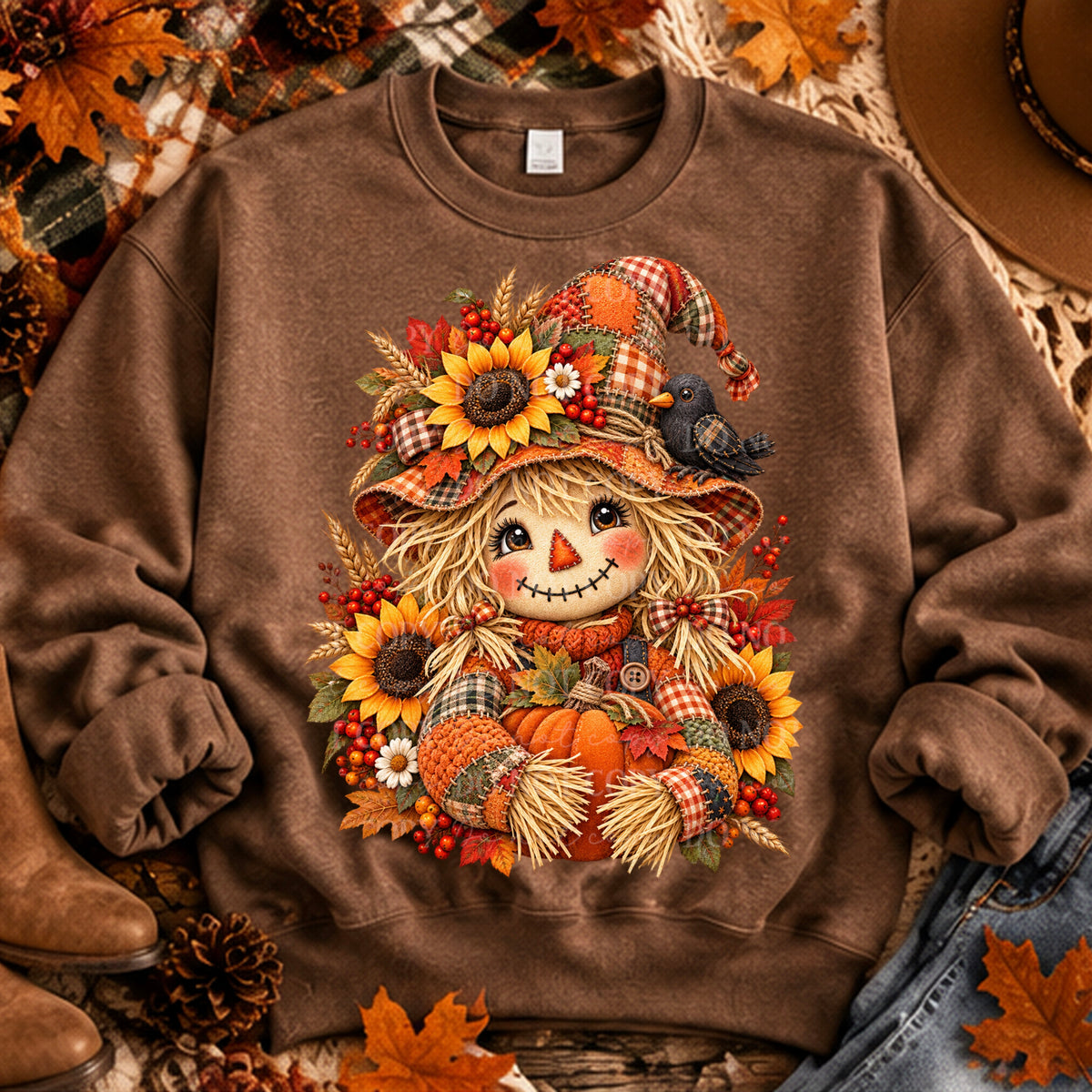 Girl Scarecrow embroidery black bird and sunflowers (ABD) DTF Transfer