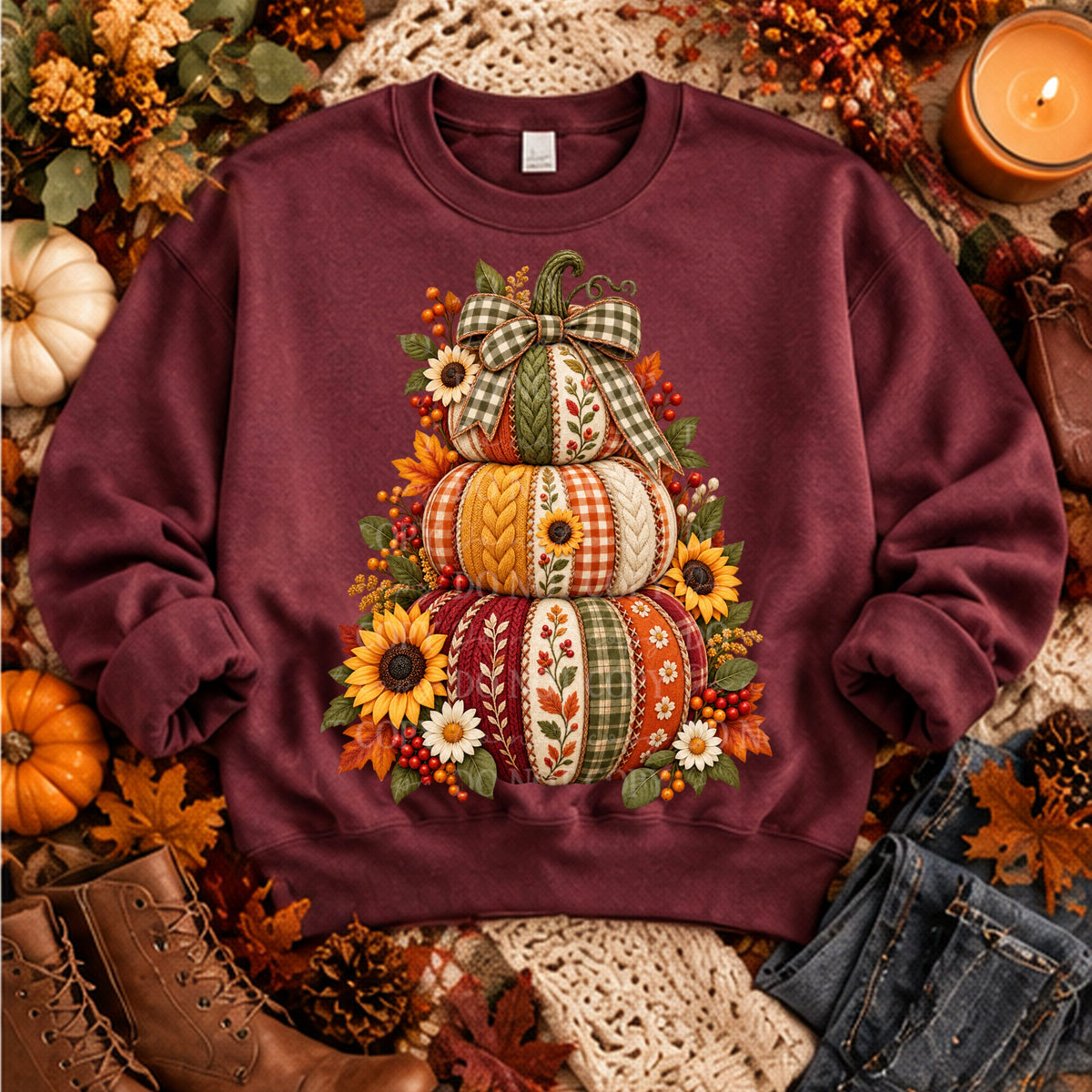 Stacked Pumpkin embroidery green plaid bow with leaves and sunflowers (ABD) DTF Transfer