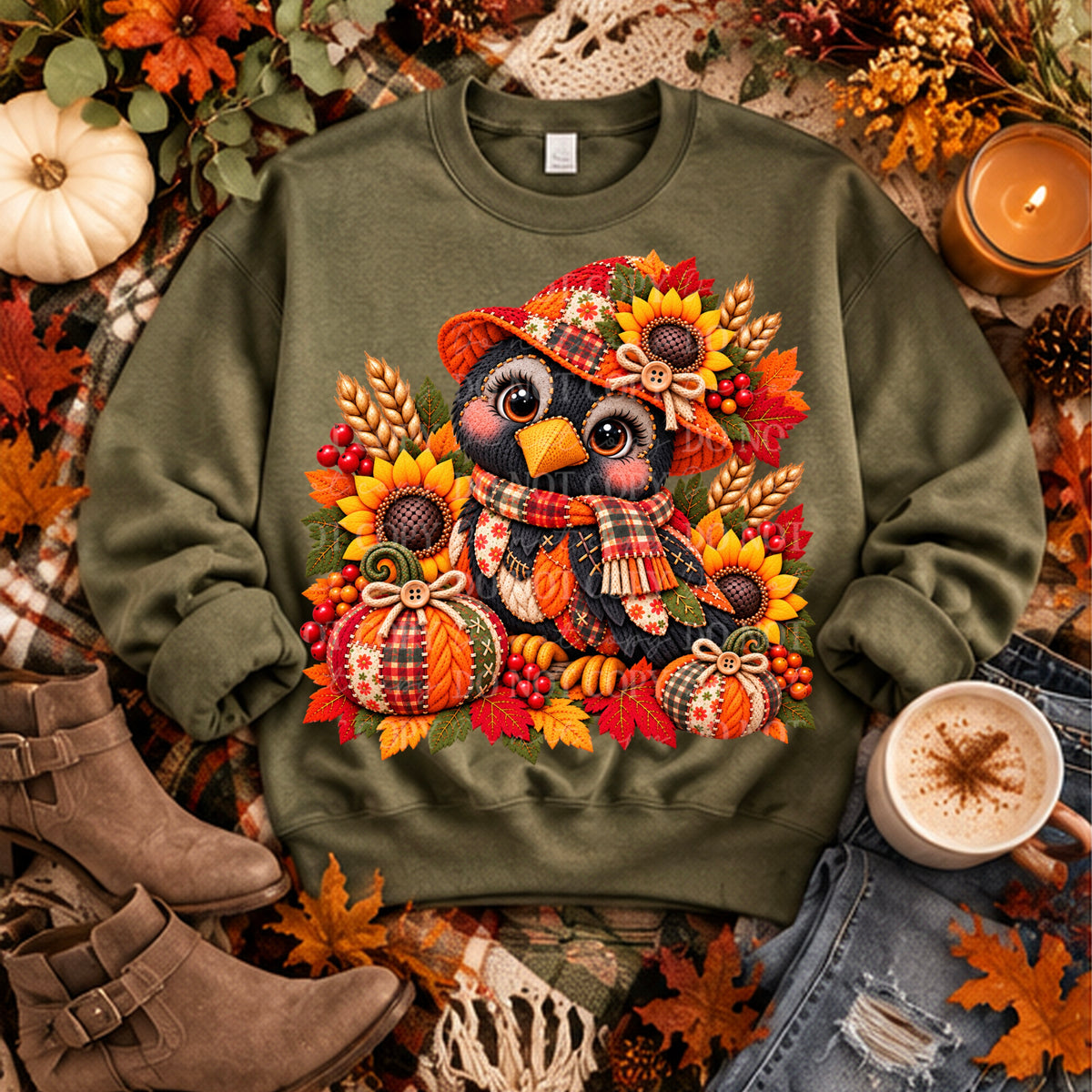 Crow embroidery with pumpkins and sunflowers (ABD) DTF Transfer