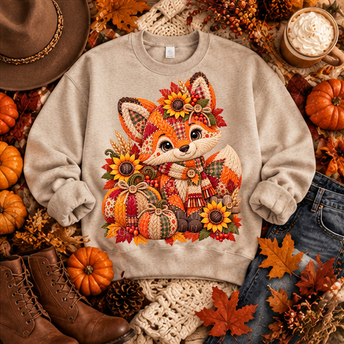 Fox embroidery with pumpkins and sunflowers (ABD) DTF Transfer