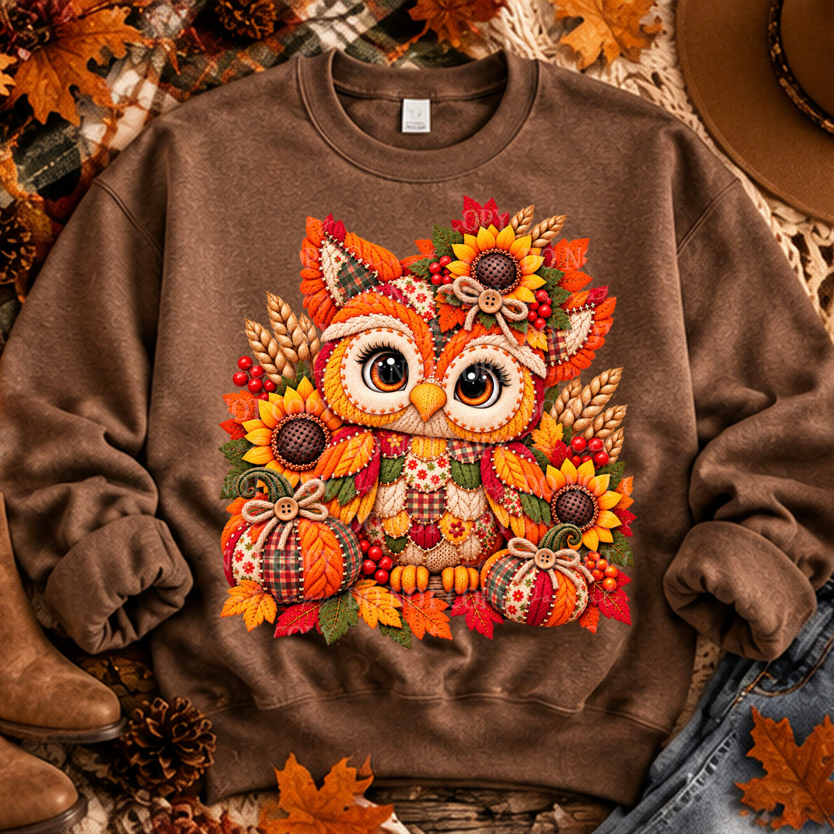 Owl embroidery with pumpkins and sunflowers (ABD) DTF Transfer