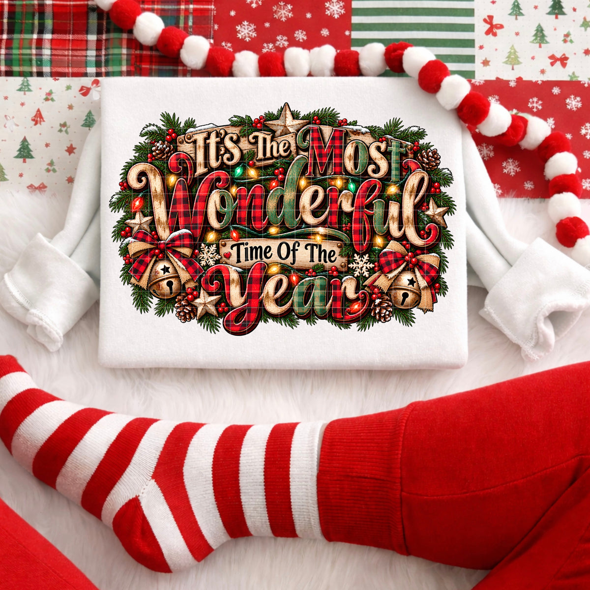It's the most wonderful time of the year garland and bells with bows (DD) DTF Transfer